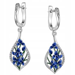 Kolczyki z mosiądzu damskie niebieskie kwiaty z cyrkoniami wiszące mosiądz