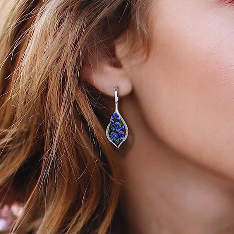 Kolczyki z mosiądzu damskie niebieskie kwiaty z cyrkoniami wiszące mosiądz