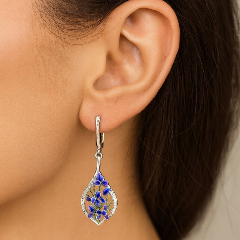 Kolczyki z mosiądzu damskie niebieskie kwiaty z cyrkoniami wiszące mosiądz