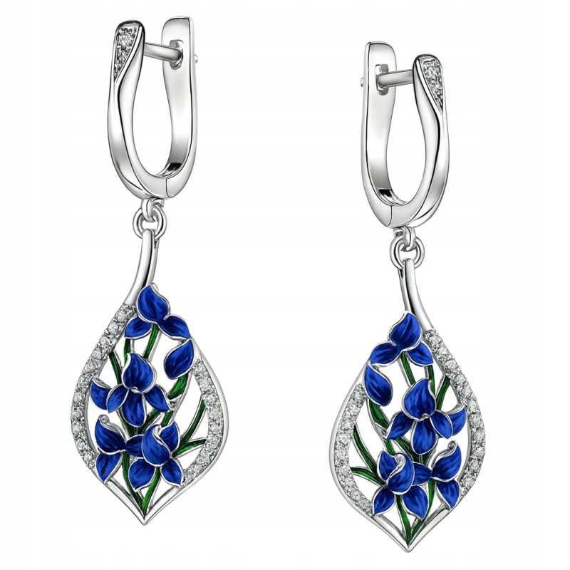 Kolczyki z mosiądzu damskie niebieskie kwiaty z cyrkoniami wiszące mosiądz