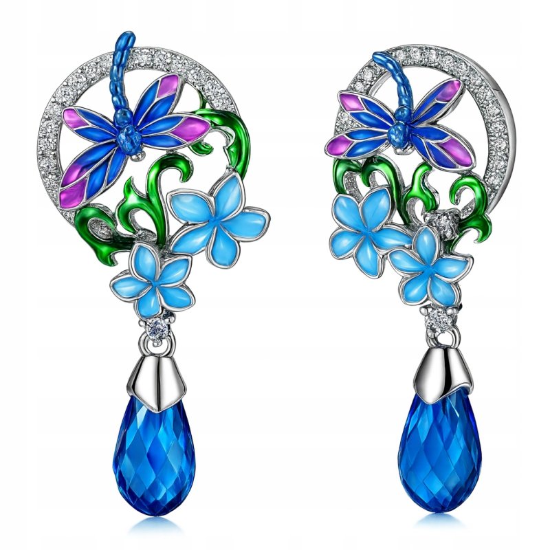 Kolczyki z mosiądzu damskie kwiaty ważki z cyrkoniami wiszące mosiądz