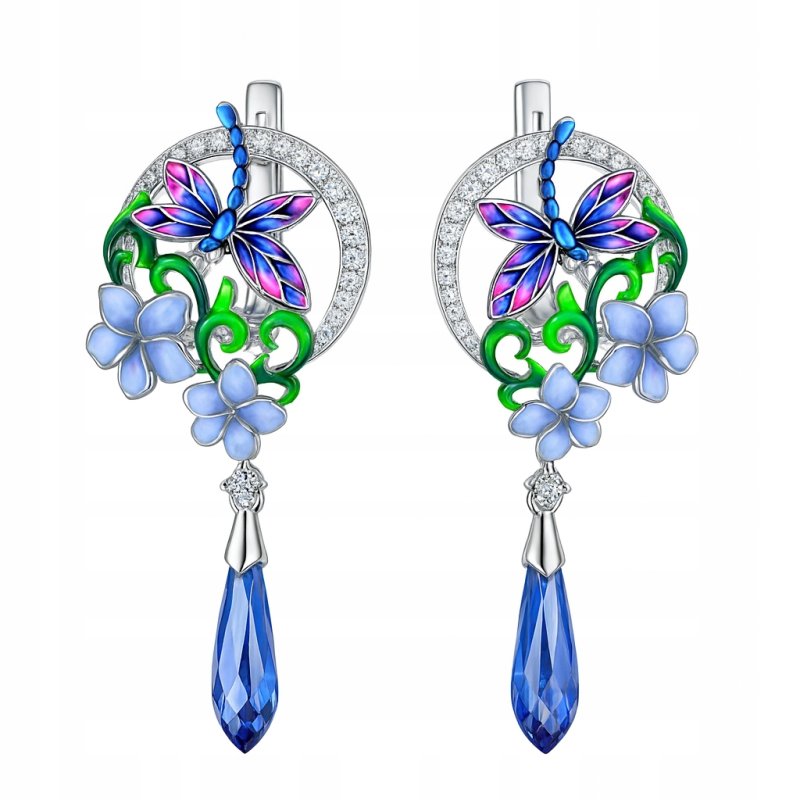 Kolczyki z mosiądzu damskie kwiaty ważki z cyrkoniami wiszące mosiądz