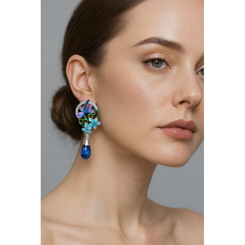 Kolczyki z mosiądzu damskie kwiaty ważki z cyrkoniami wiszące mosiądz