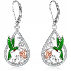 Kolczyki z mosiądzu damskie koliber kwiatek cyrkonie wiszące długie mosiądz