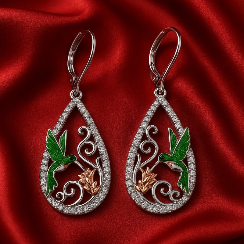 Kolczyki z mosiądzu damskie koliber kwiatek cyrkonie wiszące długie mosiądz