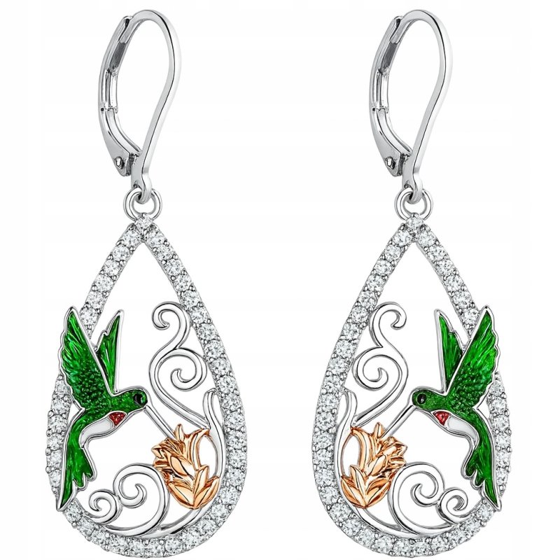 Kolczyki z mosiądzu damskie koliber kwiatek cyrkonie wiszące długie mosiądz