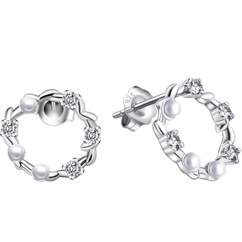 Kolczyki srebrne koła sztyfty cyrkonie perły srebro 925 eleganckie