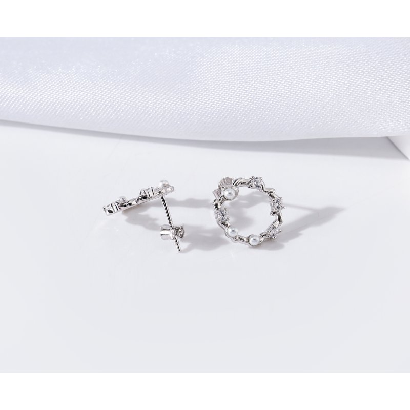 Kolczyki srebrne koła sztyfty cyrkonie perły srebro 925 eleganckie