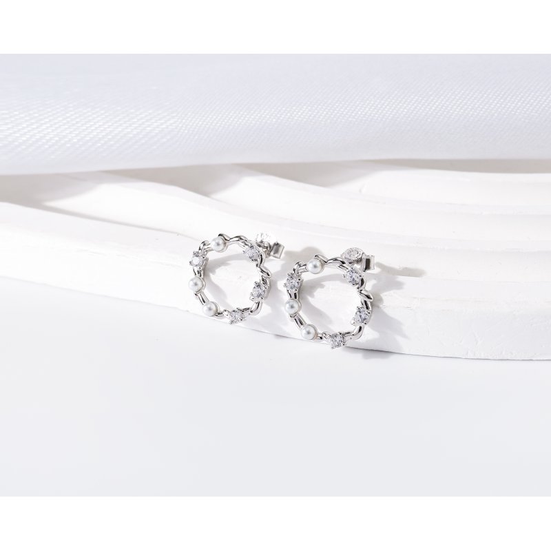 Kolczyki srebrne koła sztyfty cyrkonie perły srebro 925 eleganckie