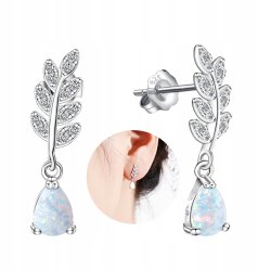Srebrne kolczyki listki wiszące sztyft opal cyrkonie srebro próba 925