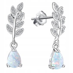 Srebrne kolczyki listki wiszące sztyft opal cyrkonie srebro próba 925