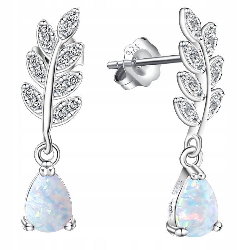 Srebrne kolczyki listki wiszące sztyft opal cyrkonie srebro próba 925