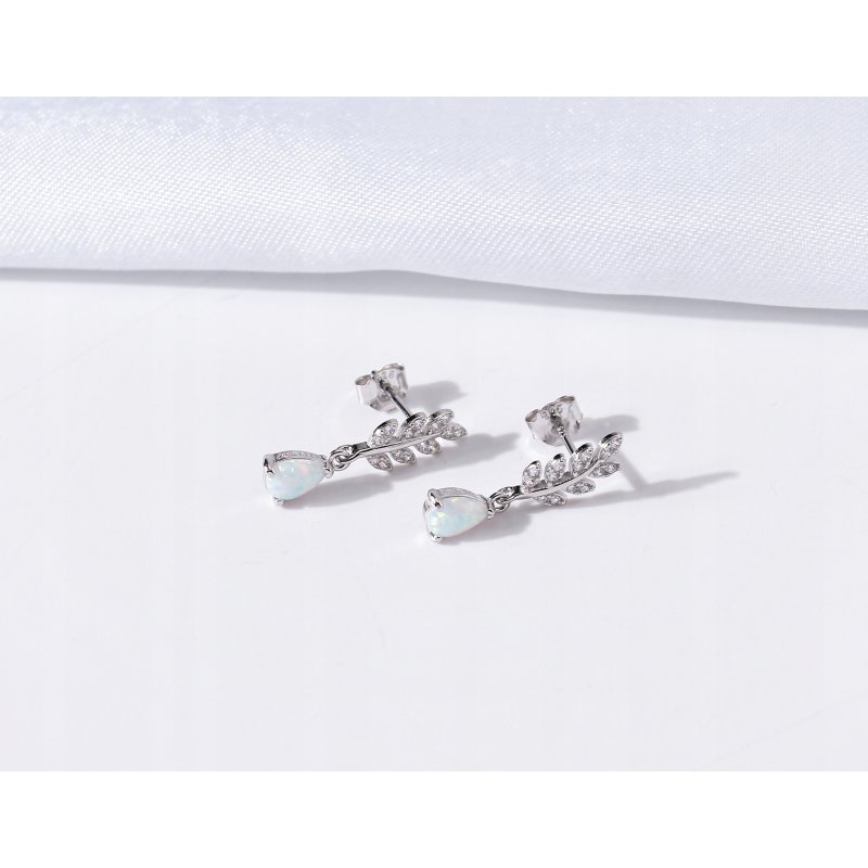 Srebrne kolczyki listki wiszące sztyft opal cyrkonie srebro próba 925