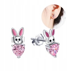 Srebrne kolczyki króliki serce sztyft cyrkonie srebro próba 925