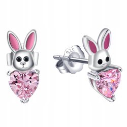 Srebrne kolczyki króliki serce sztyft cyrkonie srebro próba 925
