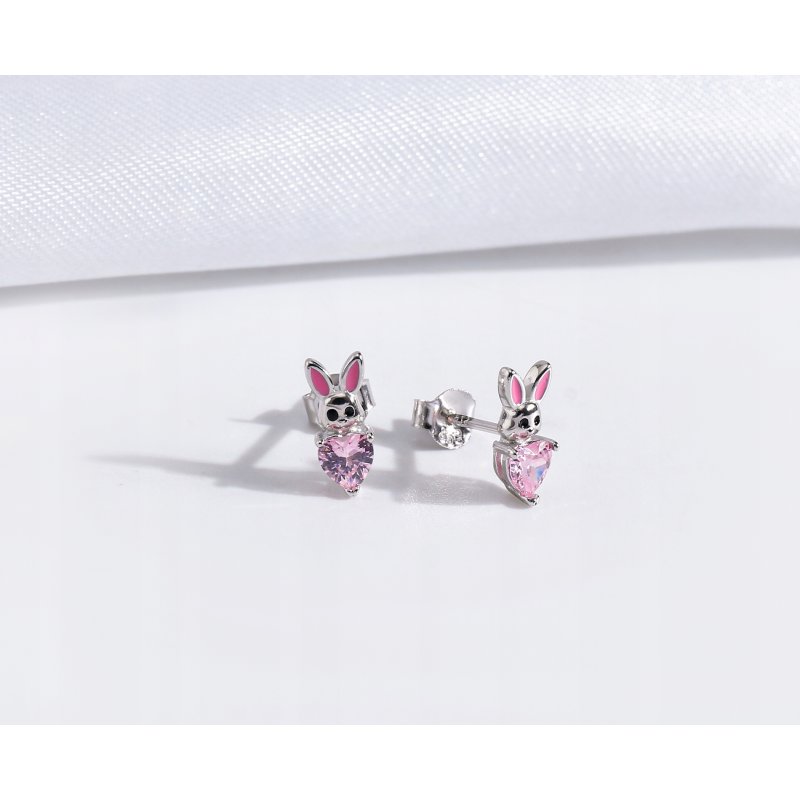 Srebrne kolczyki króliki serce sztyft cyrkonie srebro próba 925