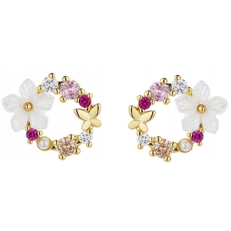 Kolczyki Srebrne Pozłacane z Cyrkoniami Sztyfty Wkrętki Kwiatki Srebro 925