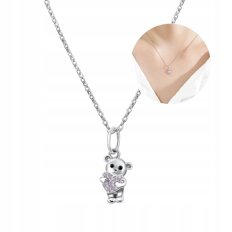 Naszyjnik srebrny łańcuszek miś serce cyrkonia srebro próba 925