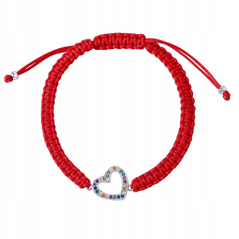 Srebrna bransoletka damska sznurkowa regulowana serce cyrkonie srebro 925