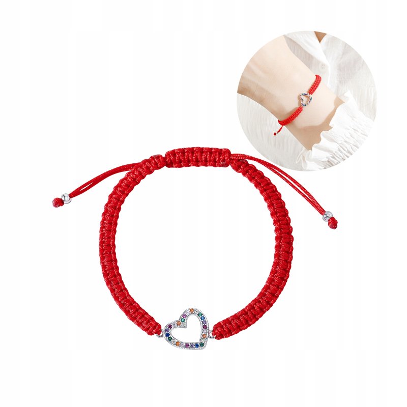 Srebrna bransoletka damska sznurkowa regulowana serce cyrkonie srebro 925