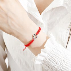 Srebrna bransoletka damska sznurkowa regulowana serce cyrkonie srebro 925