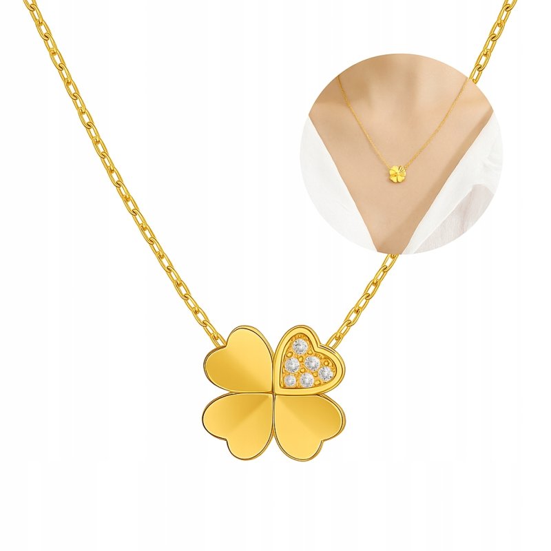 Naszyjnik łańcuszek zawieszka koniczynka cyrkonia srebro pozłacane 925