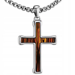 Naszyjnik srebrny krzyżyk stylizowany na drewno hipoalergiczny stal 316L