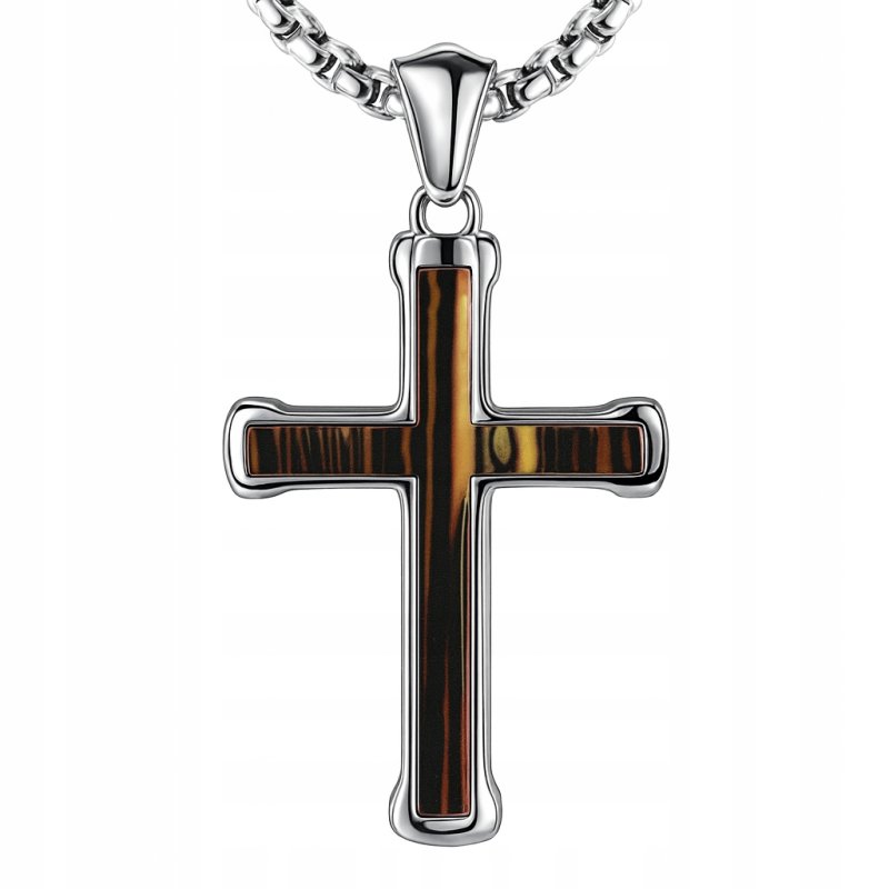 Naszyjnik srebrny krzyżyk stylizowany na drewno hipoalergiczny stal 316L