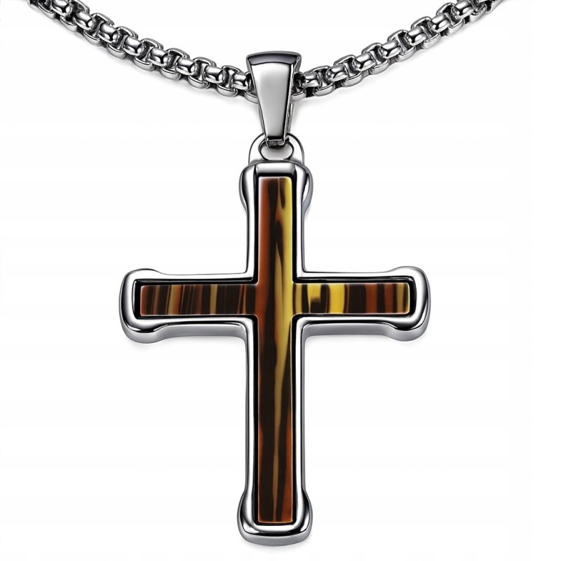 Naszyjnik srebrny krzyżyk stylizowany na drewno hipoalergiczny stal 316L