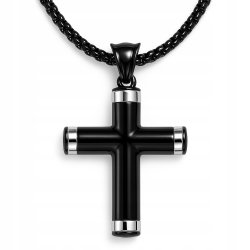 Naszyjnik męski czarny krzyż srebrne brzegi hipoalergiczny stal 316L