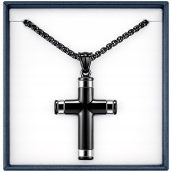 Naszyjnik męski czarny krzyż srebrne brzegi hipoalergiczny stal 316L