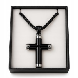Naszyjnik męski czarny krzyż srebrne brzegi hipoalergiczny stal 316L