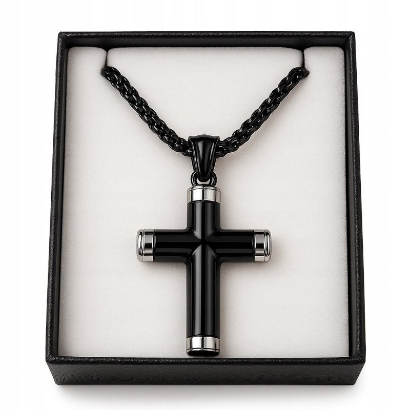 Naszyjnik męski czarny krzyż srebrne brzegi hipoalergiczny stal 316L