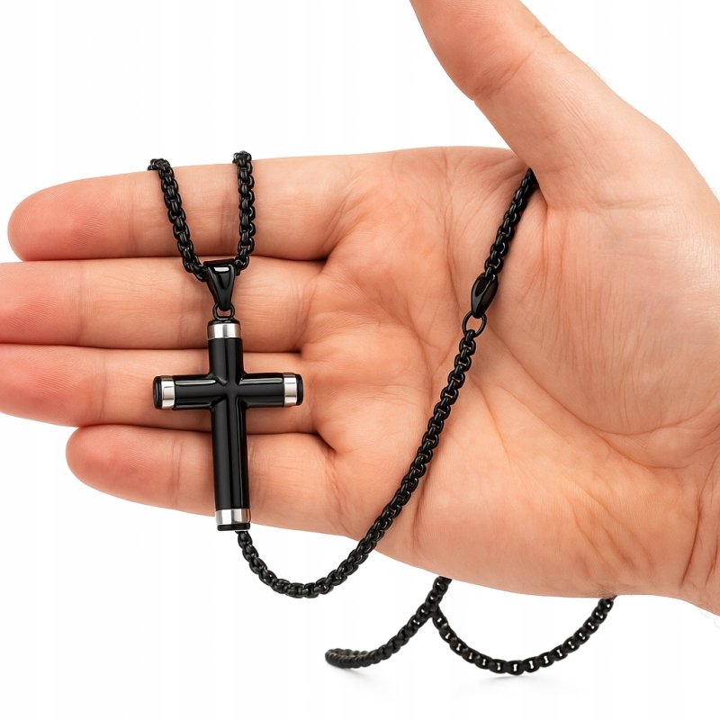 Naszyjnik męski czarny krzyż srebrne brzegi hipoalergiczny stal 316L