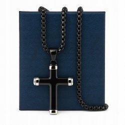 Naszyjnik męski czarny krzyż srebrne brzegi hipoalergiczny stal 316L