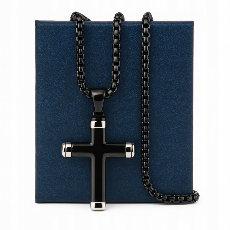 Naszyjnik męski czarny krzyż srebrne brzegi hipoalergiczny stal 316L