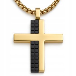Naszyjnik złoty krzyż stal czarne płytki hipoalergiczny stal 316L