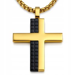 Naszyjnik złoty krzyż stal czarne płytki hipoalergiczny stal 316L