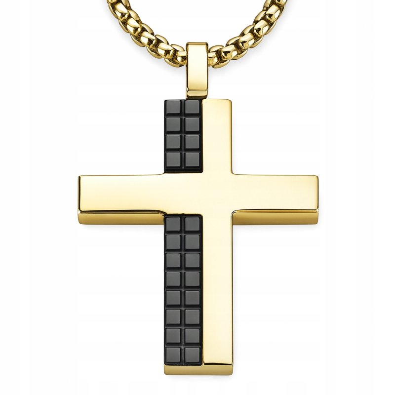 Naszyjnik złoty krzyż stal czarne płytki hipoalergiczny stal 316L