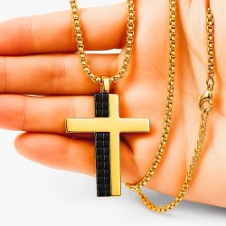 Naszyjnik złoty krzyż stal czarne płytki hipoalergiczny stal 316L