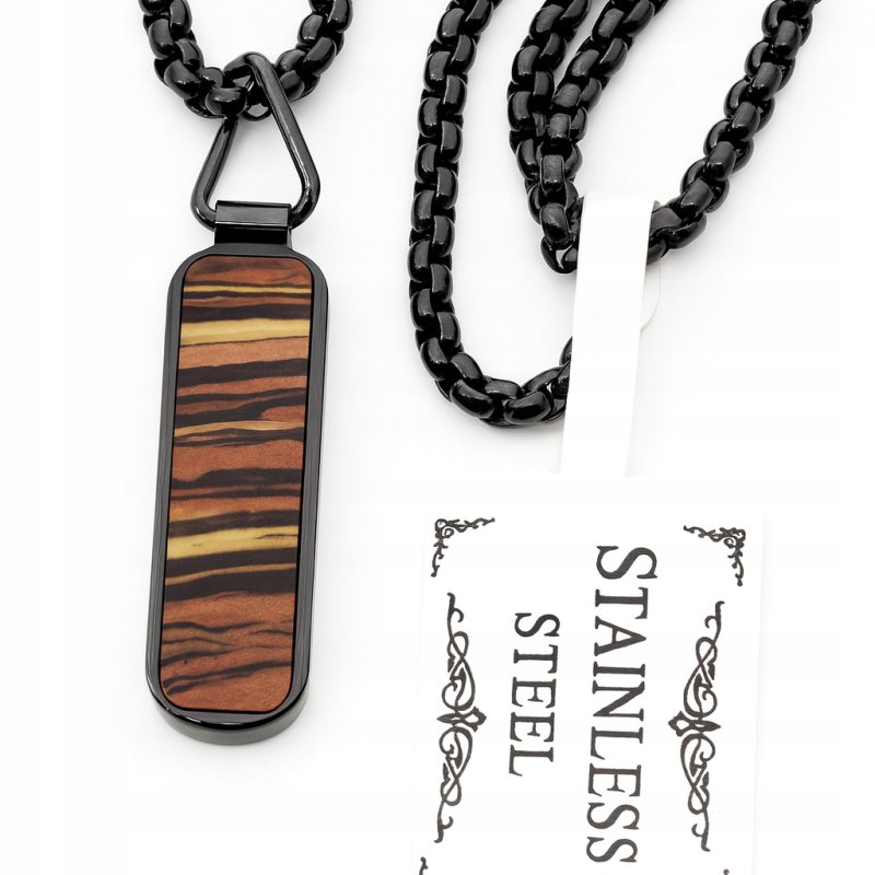 Naszyjnik ciemna stal wisiorek stylizowany na drewno stal 316L