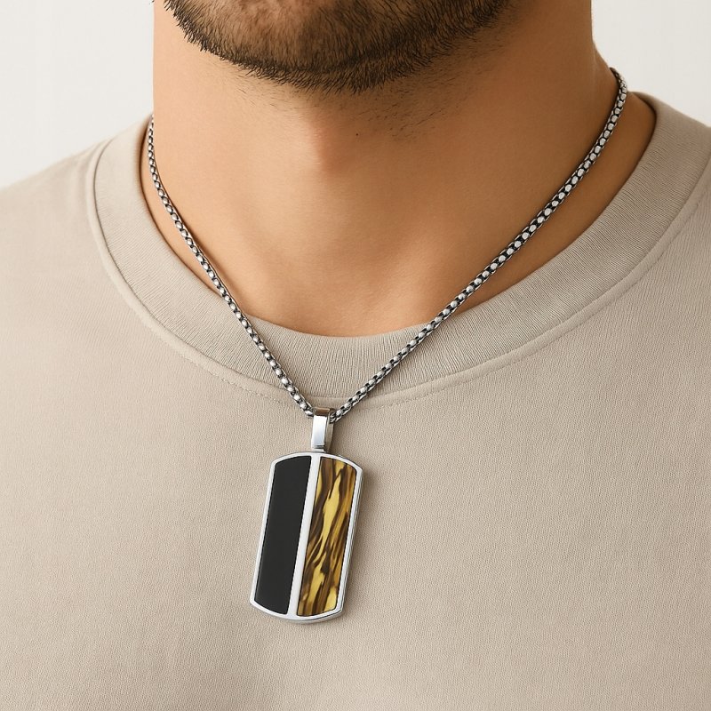 Naszyjnik stal srebrny wisiorek stylizowany na drewno ciemny stal 316L