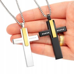 Naszyjnik krzyż stal srebrny złota belka kropki stal 316L