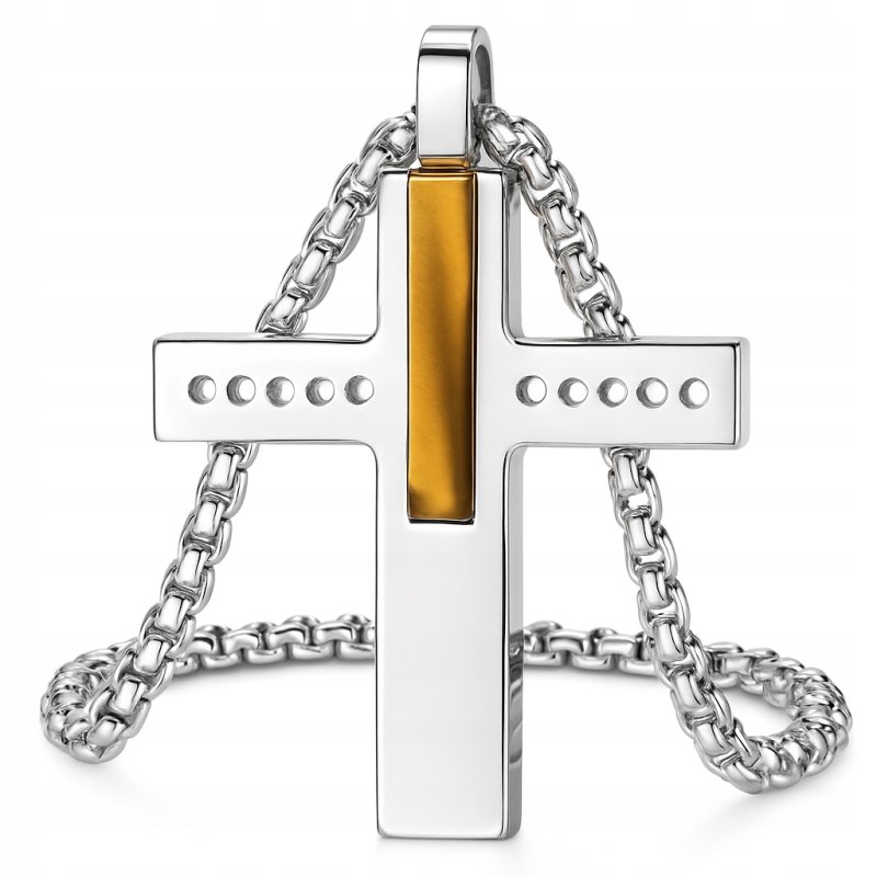 Naszyjnik krzyż stal srebrny złota belka kropki stal 316L