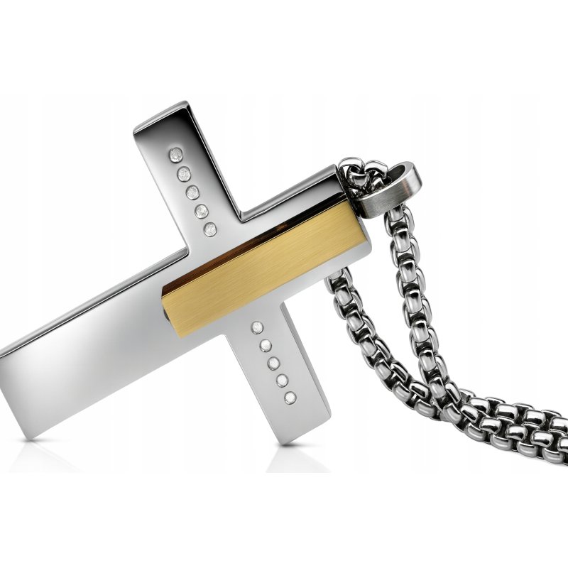 Naszyjnik krzyż stal srebrny złota belka kropki stal 316L