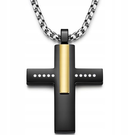Naszyjnik krzyż stal czarny złota belka kropki stal 316L