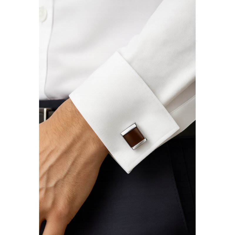 Srebrne spinki do mankietów koszuli brązowe stal szlachetna 316L