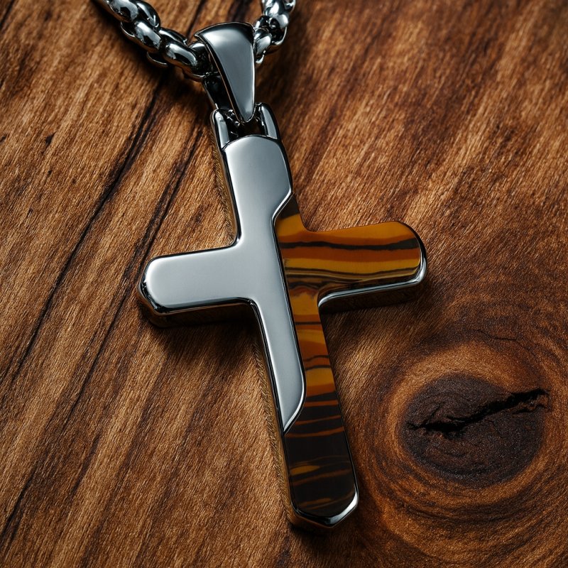 Naszyjnik srebrny krzyżyk stylizowany na drewno hipoalergiczny stal 316L