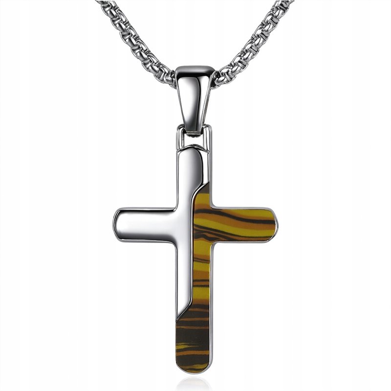 Naszyjnik srebrny krzyżyk stylizowany na drewno hipoalergiczny stal 316L
