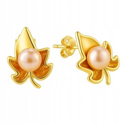 Srebrne kolczyki listki liście perły sztyft wkrętki srebro pozłacane 925